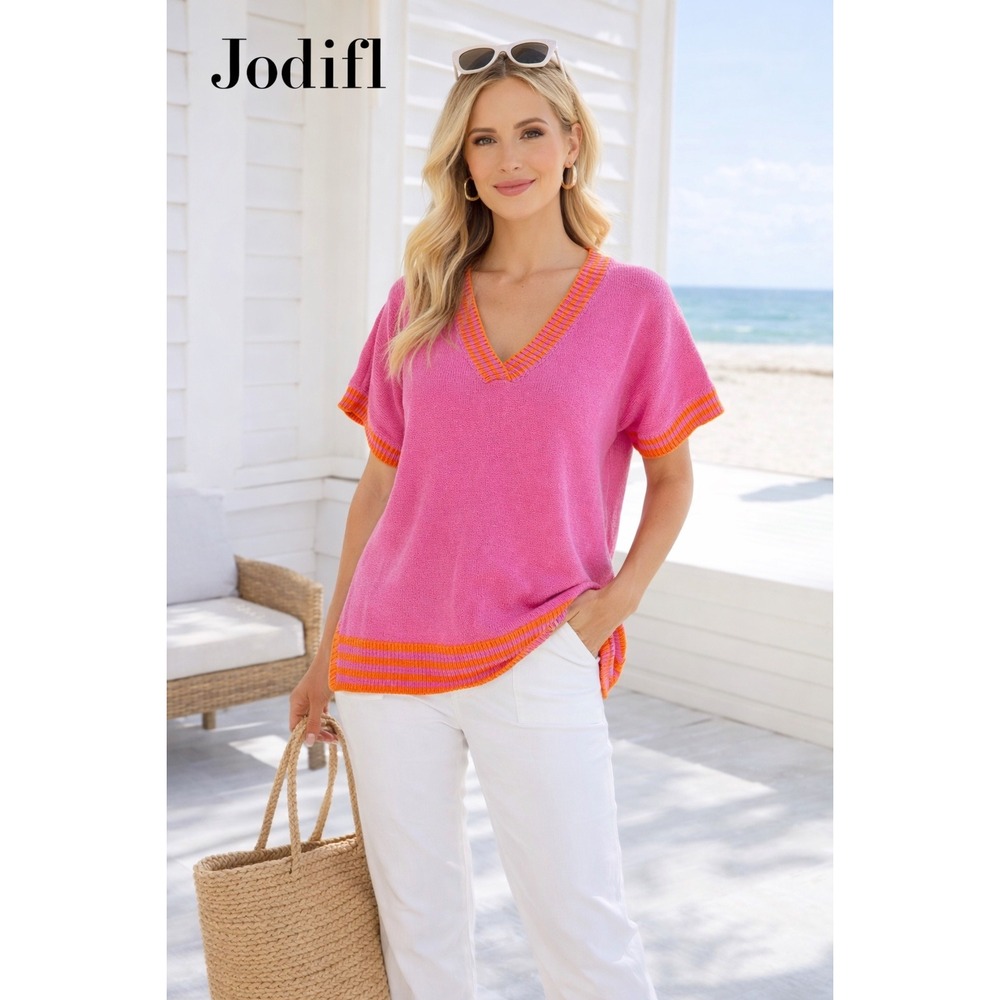 Jodifl Colorblock Sweater Tee Pink‎ Orange Boho Resort  Dopamine Coastal Top